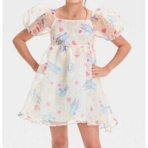 New Bluey Kids Dress Size Medium 8 Flowy Sheer Puff Sleeve Heart Flower Organza
